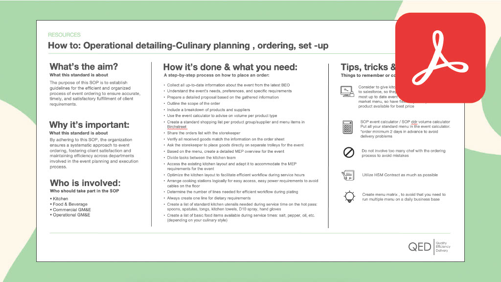 Operational Detailing – Culinary Ordering, Planning and setup