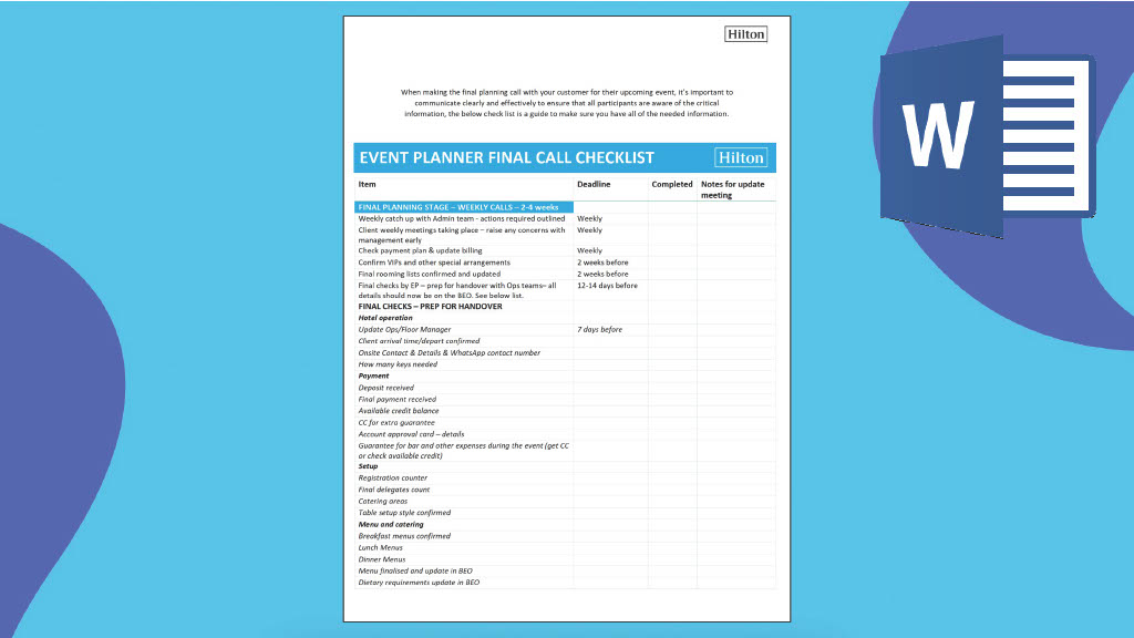 Final Planning Call Check List